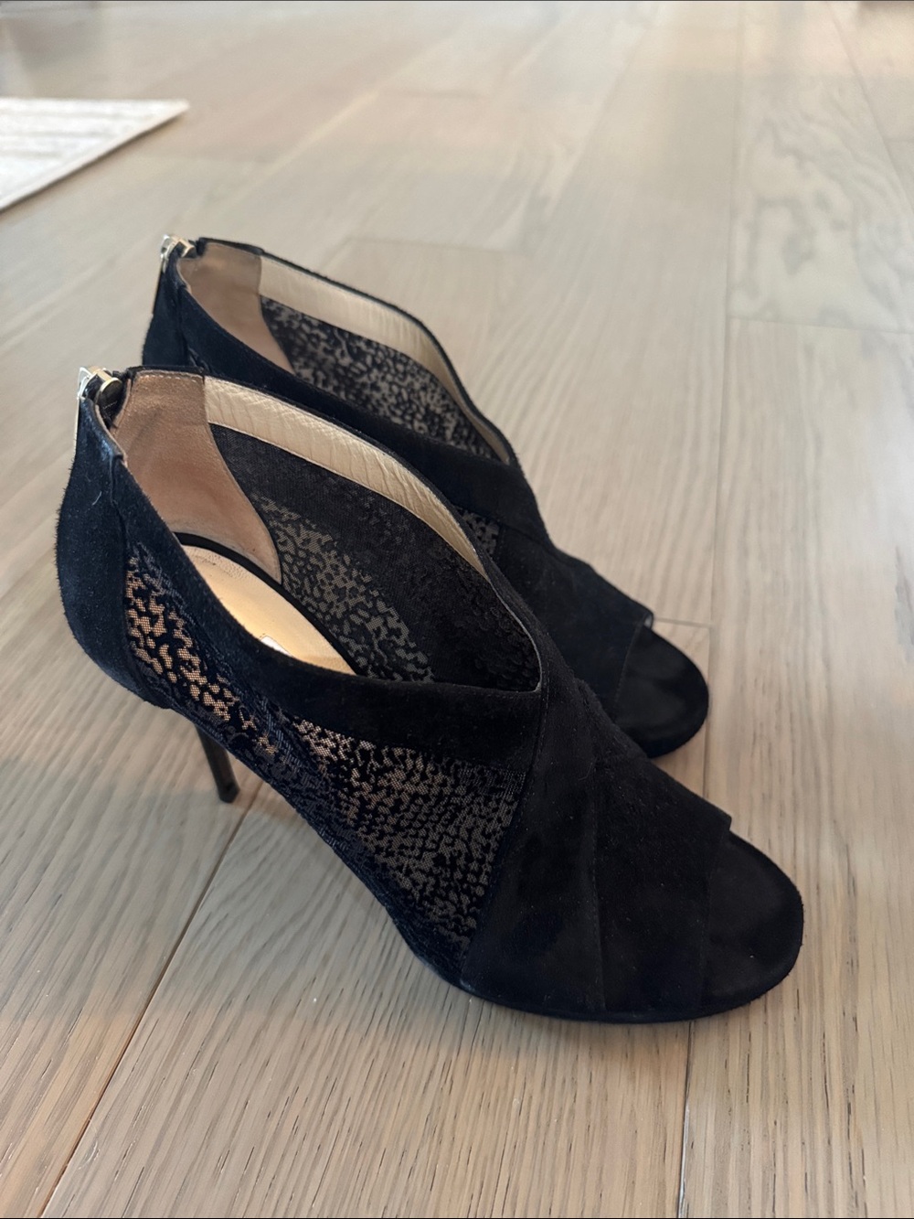Jimmy Choo Black Suede Peep-Toe Lace Cutout Heels